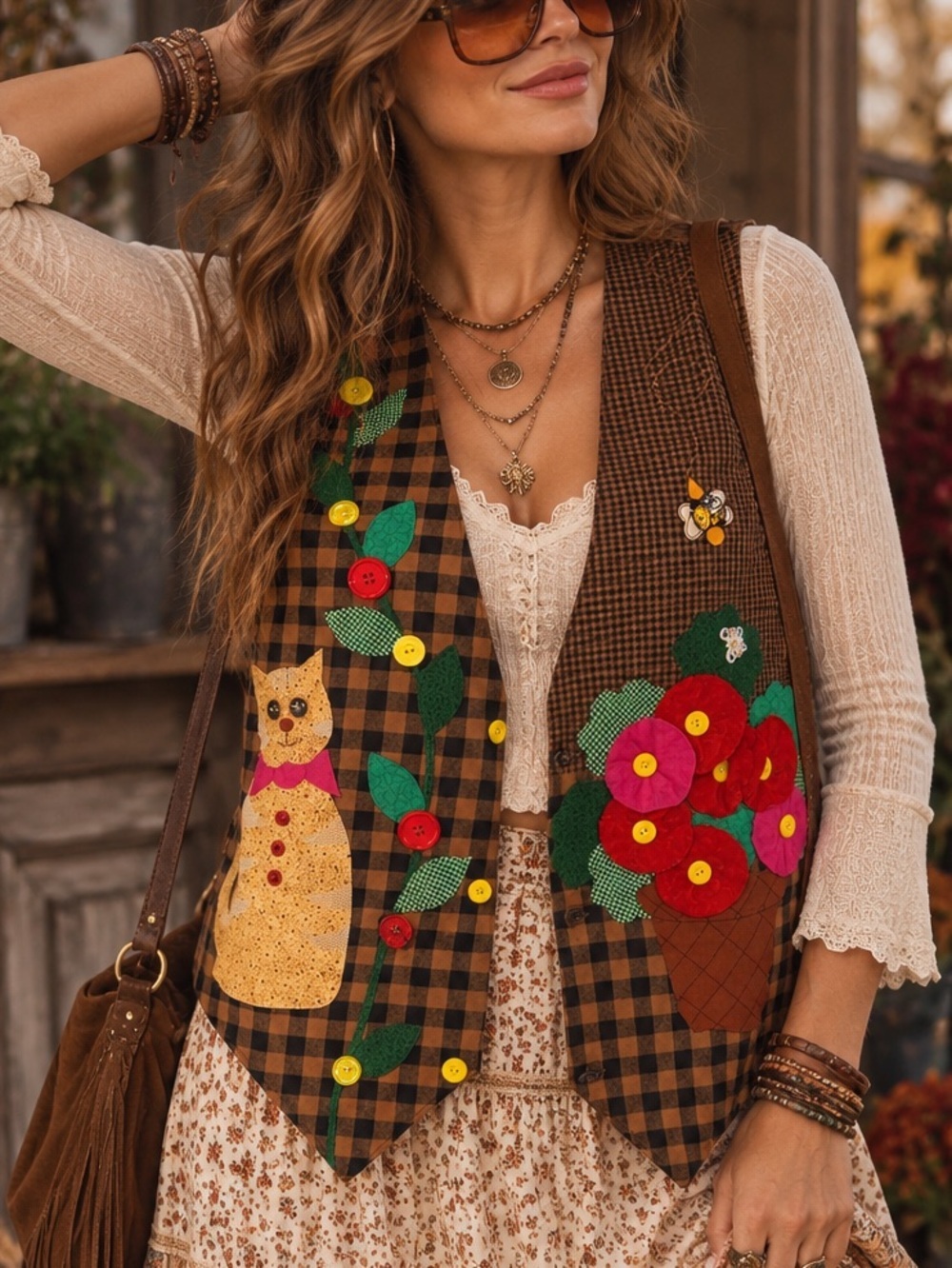 Charming Checkered Vest with Cat and Floral Design